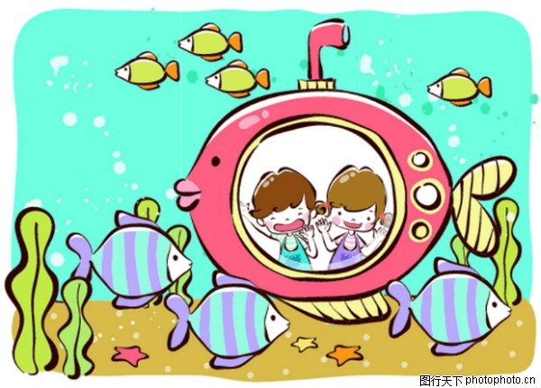 儿童游玩图片-少年儿童图 潜水艇 鱼群,少年儿