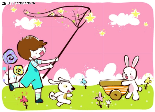 儿童游玩图片-少年儿童图 捕捉星星 小白兔 推